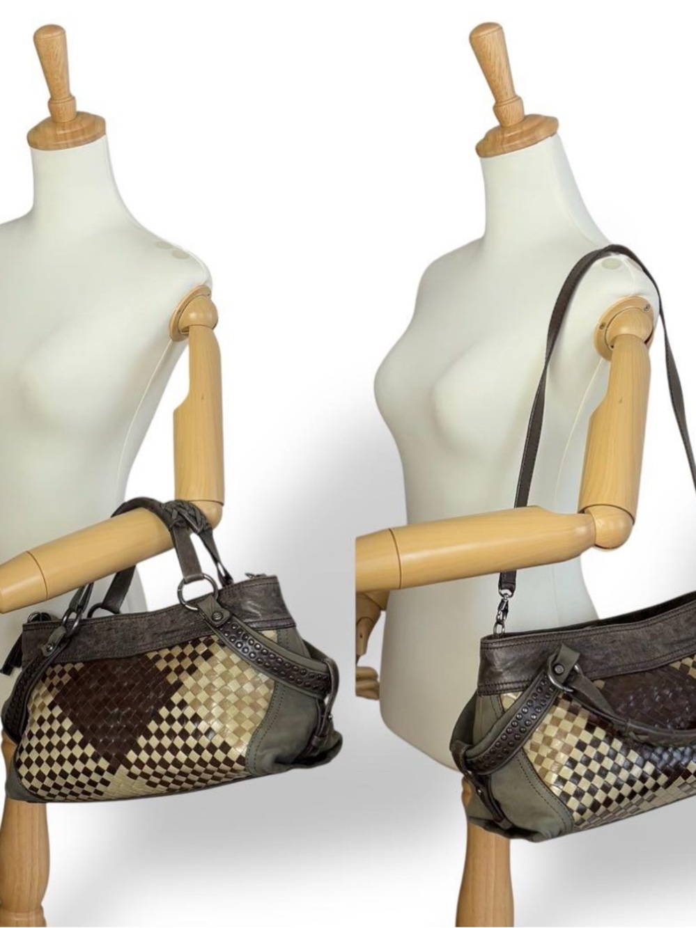 Francesco Biasia Rare Woven Italian Leather 2 way Bag in Brown and Cream